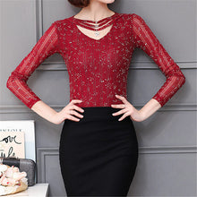M-3XL New  Women Summer Lace T Shirt Fashion Hollow Out Tops V-Neck Full Sleeve t-shirt Plus Size tee 72593 SM6