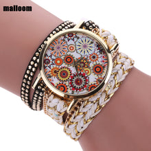 Malloom Watches Women Bracelet Dress Clock Flower Pattern Wrap Braided PU Leather Quartz Watch Relogio Feminino CF