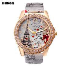 Malloom Women Watches Rhinestone Crystal Dress Clock Tower Pattern PU Leather Band Quartz Watch Relogio Feminino CF