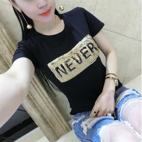 NEVER letter Print tshirt Sequined New  Fashion Korean Short Sleeve T-shirts Plus Size Female t shirts Women Tops 72586 SM6