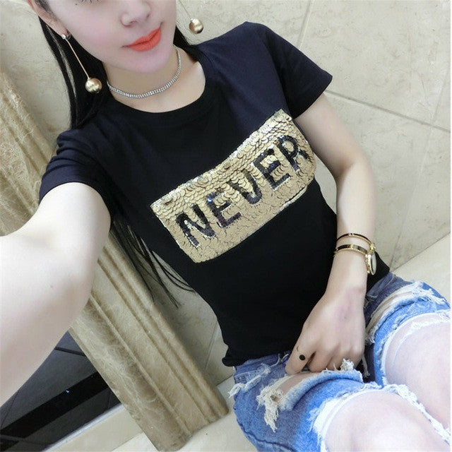 NEVER letter Print tshirt Sequined New  Fashion Korean Short Sleeve T-shirts Plus Size Female t shirts Women Tops 72586 SM6