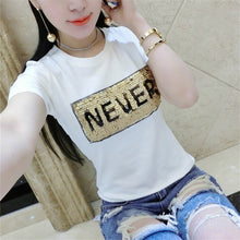 NEVER letter Print tshirt Sequined New  Fashion Korean Short Sleeve T-shirts Plus Size Female t shirts Women Tops 72586 SM6