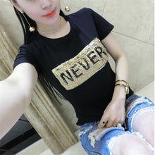 NEVER letter Print tshirt Sequined New  Fashion Korean Short Sleeve T-shirts Plus Size Female t shirts Women Tops 72586 SM6