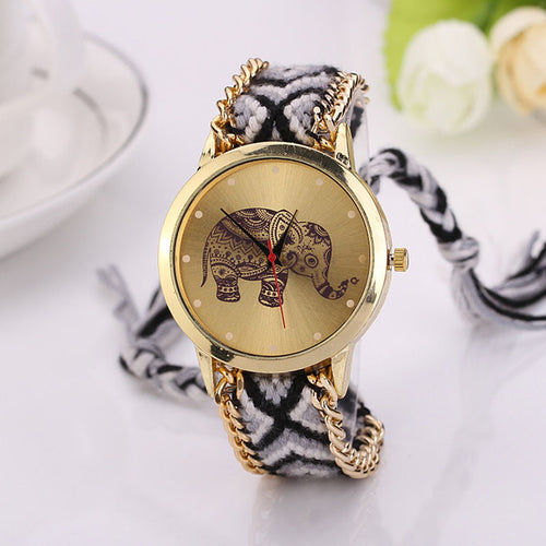 casual DIY Elephant Pattern Women Dress Watches National Weave Gold Bracelet montre Quartz Clock Relogio CF