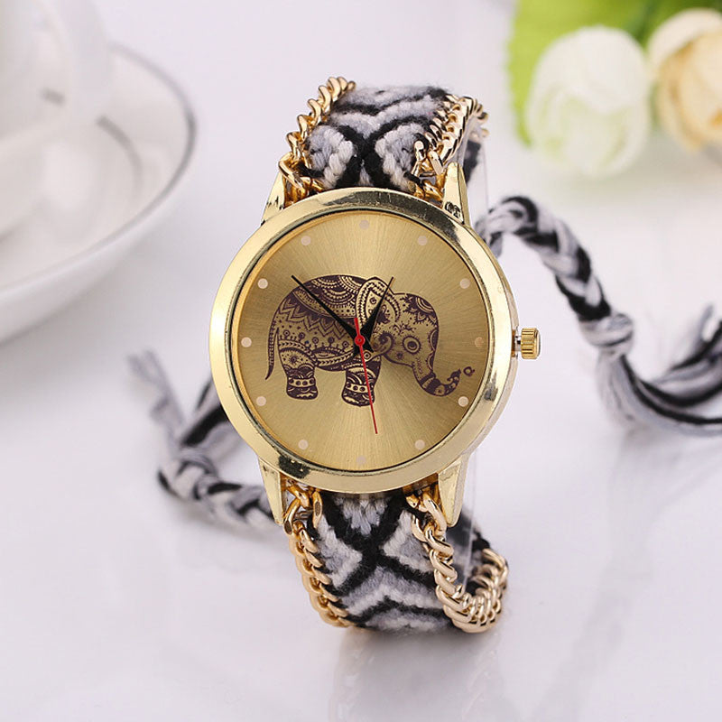 casual DIY Elephant Pattern Women Dress Watches National Weave Gold Bracelet montre Quartz Clock Relogio CF
