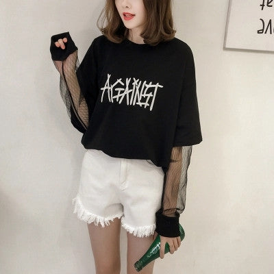 New  Embroidery Letter Net Yarn Patchwork Fake two pieces Summer T Shirt Women Fashion T-shirts Tops Plus Size SM6