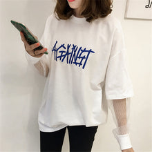 New  Embroidery Letter Net Yarn Patchwork Fake two pieces Summer T Shirt Women Fashion T-shirts Tops Plus Size SM6