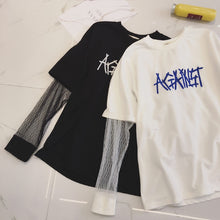 New  Embroidery Letter Net Yarn Patchwork Fake two pieces Summer T Shirt Women Fashion T-shirts Tops Plus Size SM6