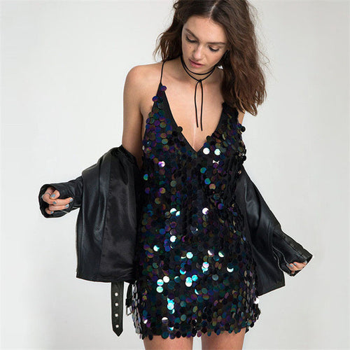 New  European Fashion Club Sexy Dress V-neck Vestidos Spaghetti Strap sleeveless Slim Sequined Bling Women Dresses 72483 SM6