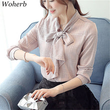 New  Fashion Bow Tie Plaid Chiffon Blouse Full Sleeve Sweet Blusas Brief Casual Shirt Elegant Women Tops Plus Size 72717 SM6