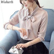 New  Fashion Bow Tie Plaid Chiffon Blouse Full Sleeve Sweet Blusas Brief Casual Shirt Elegant Women Tops Plus Size 72717 SM6
