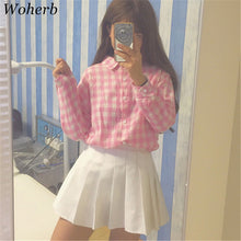 New  Fashion Button Blouse Korean Style Shirt Pink/Blue Plaid Blouses Ladies Long Sleeve Blusas Women Tops Plus Size 72704 SM6