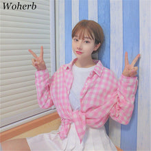 New  Fashion Button Blouse Korean Style Shirt Pink/Blue Plaid Blouses Ladies Long Sleeve Blusas Women Tops Plus Size 72704 SM6
