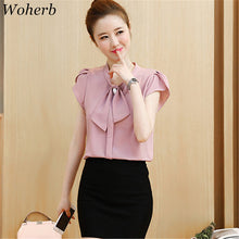 New  Fashion Button Bow Tie Ruffles Chiffon Blouse Elegant Short Sleeve Plus Size Blusas Slim Casual Shirt Women Tops 72708 SM6