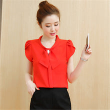 New  Fashion Button Bow Tie Ruffles Chiffon Blouse Elegant Short Sleeve Plus Size Blusas Slim Casual Shirt Women Tops 72708 SM6