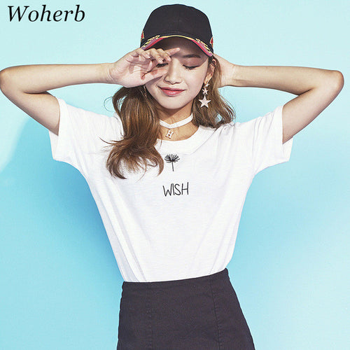 New  Fashion Dandelion WISH Letter Embroidery T Shirts Summer Short Sleeve Casual T-shirts Women Tops Plus Size 72644 SM6