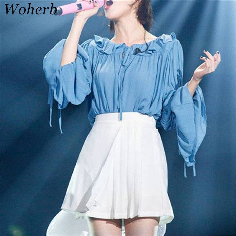 New  Fashion Elegant Bow Tie Pleated Chiffon Blouse Casual Shirt Flare Sleeve Cute Blusas Loose Women Tops Plus Size 72706 SM6