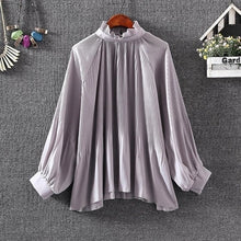 New  Fashion Elegant Pleated Chiffon Blouse Button Shirt Stand Collar Lanterns Sleeves Blusas Loose Women Tops Plus Size SM6