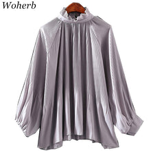 New  Fashion Elegant Pleated Chiffon Blouse Button Shirt Stand Collar Lanterns Sleeves Blusas Loose Women Tops Plus Size SM6