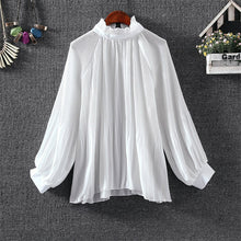 New  Fashion Elegant Pleated Chiffon Blouse Button Shirt Stand Collar Lanterns Sleeves Blusas Loose Women Tops Plus Size SM6