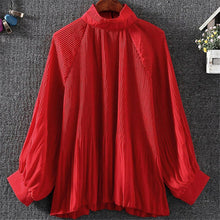 New  Fashion Elegant Pleated Chiffon Blouse Button Shirt Stand Collar Lanterns Sleeves Blusas Loose Women Tops Plus Size SM6
