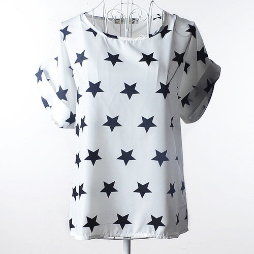 New  Fashion Elegant Short Sleeve S-2XL Chiffon Blouse Colorful Bird Print Women Plus Size Tops Shirt Casual Blusas 72495 SM6