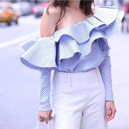 New  Fashion Europen Style Blue Striped Blouses Ruffles Slash neck Long Sleeve Blouse Sexy Women Tops Plus Size 72696 SM6