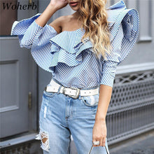 New  Fashion Europen Style Blue Striped Blouses Ruffles Slash neck Long Sleeve Blouse Sexy Women Tops Plus Size 72696 SM6