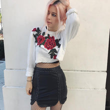 New  Fashion Full Sleeve T-shirts Plus Size Rose Floral Embroidery Crop Tops Female t shirts Sexy Women tshirts 72544 SM6