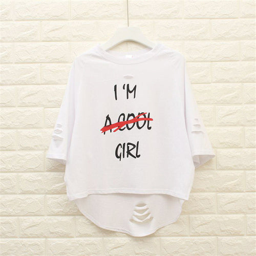 New  Fashion Half Sleeve Cool T-shirts Plus Size Hole Letter Print Female Loose t shirts Sexy Women tshirts 72506 SM6