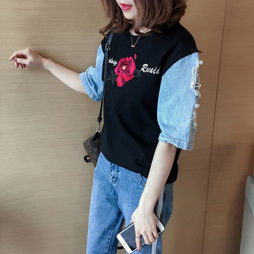 New  Fashion Japanese Harajuku Floral Embroidery T Shirts Patchwork Denim Short Sleeve T-shirts Plus Size Female Women Tops SM6