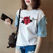 New  Fashion Japanese Harajuku Floral Embroidery T Shirts Patchwork Denim Short Sleeve T-shirts Plus Size Female Women Tops SM6