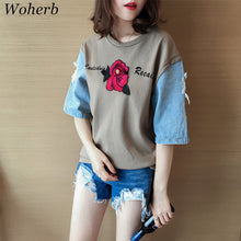 New  Fashion Japanese Harajuku Floral Embroidery T Shirts Patchwork Denim Short Sleeve T-shirts Plus Size Female Women Tops SM6