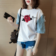 New  Fashion Japanese Harajuku Floral Embroidery T Shirts Patchwork Denim Short Sleeve T-shirts Plus Size Female Women Tops SM6