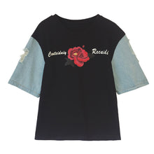 New  Fashion Japanese Harajuku Floral Embroidery T Shirts Patchwork Denim Short Sleeve T-shirts Plus Size Female Women Tops SM6