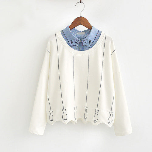 New  Fashion Japanese Style Cat Fish Embroidery Female Patchwork t shirts Cute tshirts Full Sleeve T-shirts Plus Size 72631 SM6