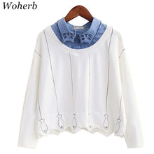 New  Fashion Japanese Style Cat Fish Embroidery Female Patchwork t shirts Cute tshirts Full Sleeve T-shirts Plus Size 72631 SM6