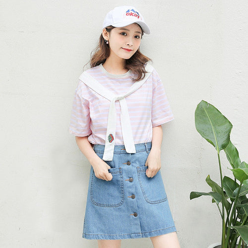 New  Fashion Japanese Style Sweet Embroidered Tie Striped T Shirts Short Sleeve Brief T-shirts Female Plus Size Women Tops SM6