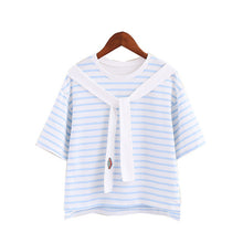 New  Fashion Japanese Style Sweet Embroidered Tie Striped T Shirts Short Sleeve Brief T-shirts Female Plus Size Women Tops SM6