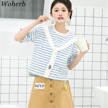 New  Fashion Japanese Style Sweet Embroidered Tie Striped T Shirts Short Sleeve Brief T-shirts Female Plus Size Women Tops SM6