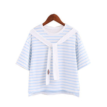 New  Fashion Japanese Style Sweet Embroidered Tie Striped T Shirts Short Sleeve Brief T-shirts Female Plus Size Women Tops SM6