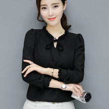 New  Fashion Korean Style Elegant Chiffon Blouse Bow Tie Shirt Stand Collar Long Puff-Sleeve Blusas Women Tops Plus Size SM6