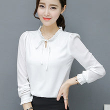 New  Fashion Korean Style Elegant Chiffon Blouse Bow Tie Shirt Stand Collar Long Puff-Sleeve Blusas Women Tops Plus Size SM6