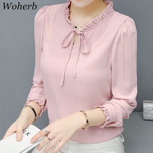 New  Fashion Korean Style Elegant Chiffon Blouse Bow Tie Shirt Stand Collar Long Puff-Sleeve Blusas Women Tops Plus Size SM6