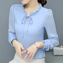 New  Fashion Korean Style Elegant Chiffon Blouse Bow Tie Shirt Stand Collar Long Puff-Sleeve Blusas Women Tops Plus Size SM6