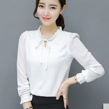 New  Fashion Korean Style Elegant Chiffon Blouse Bow Tie Shirt Stand Collar Long Puff-Sleeve Blusas Women Tops Plus Size SM6