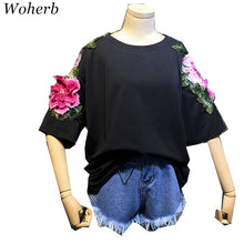 New  Fashion Korean Style Floral Appliques T Shirts Black Short Sleeve T-shirts Plus Size Female Women Tops 72636 SM6