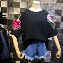New  Fashion Korean Style Floral Appliques T Shirts Black Short Sleeve T-shirts Plus Size Female Women Tops 72636 SM6