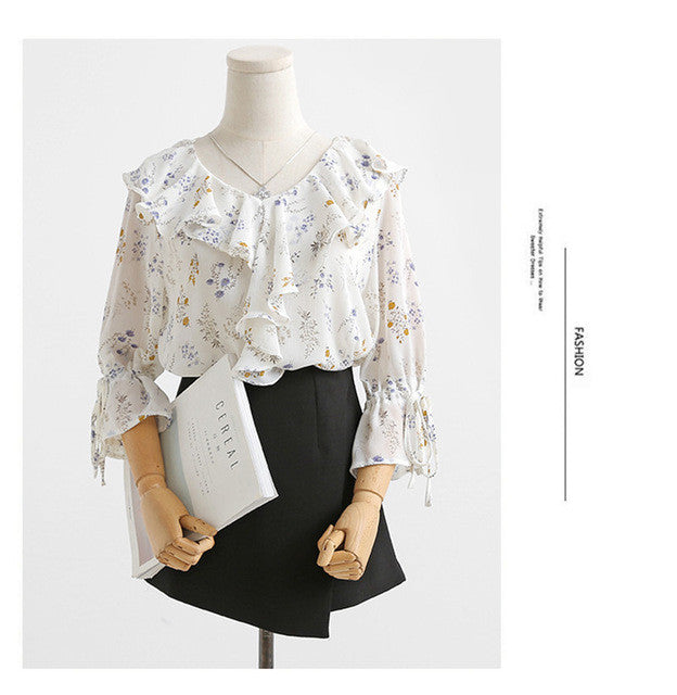 New  Fashion Korean Style Floral Chiffon Blouse Flare Sleeve Sweet Blusas Casual Shirt Elegant Women Tops Plus Size 72718 SM6