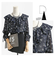 New  Fashion Korean Style Floral Chiffon Blouse Flare Sleeve Sweet Blusas Casual Shirt Elegant Women Tops Plus Size 72718 SM6